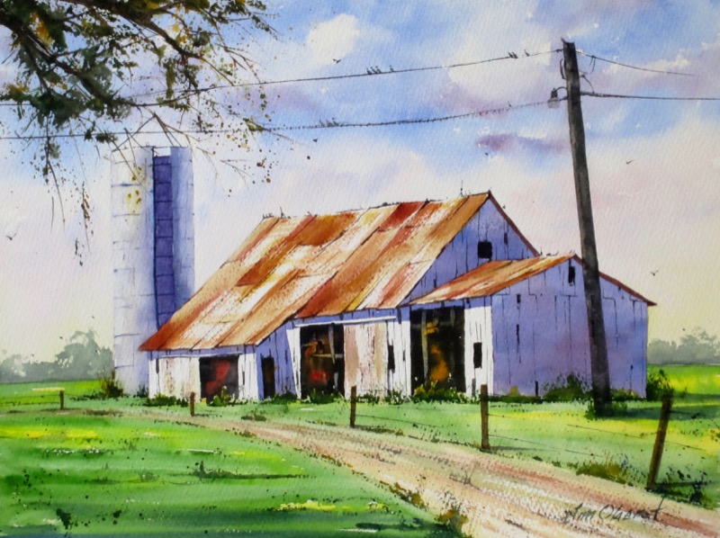 landscape, rural, ohio, farm, barn, field, silo, oberst, painting, watercolor